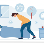 朝起きると腰が痛い…冬こそ悪化しやすい“筋肉のこわばり”とは 17 冬の朝、腰の痛みで起き上がれない人を示すイラスト。冷えによる筋肉のこわばりをイメージした図