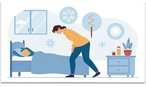 冬の朝、腰の痛みで起き上がれない人を示すイラスト。冷えによる筋肉のこわばりをイメージした図