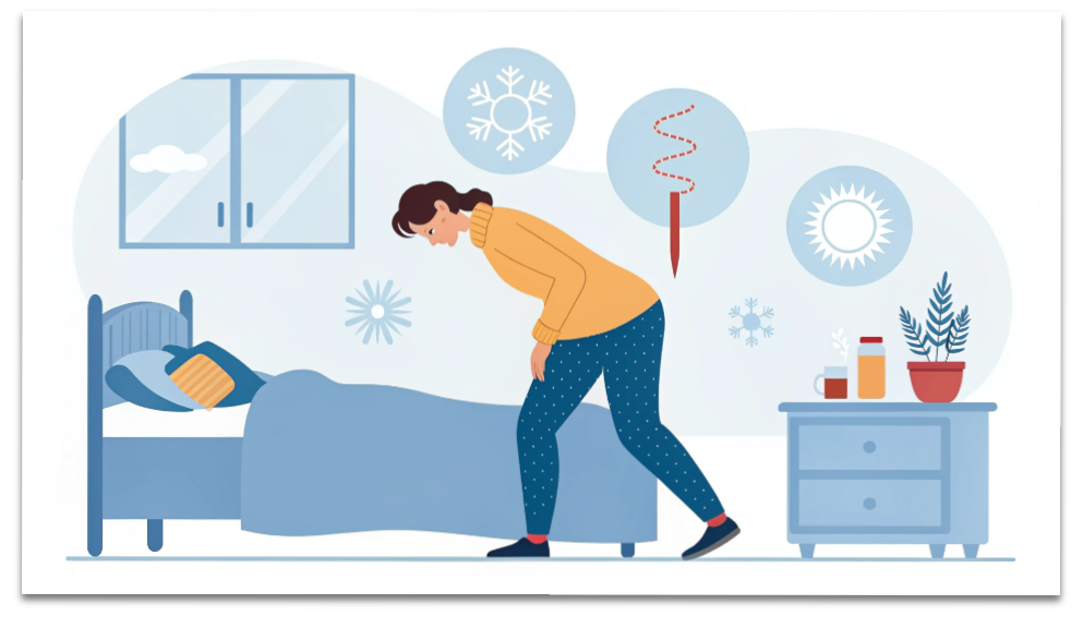 冬の朝、腰の痛みで起き上がれない人を示すイラスト。冷えによる筋肉のこわばりをイメージした図