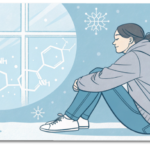 冬になると気分が落ち込む?セロトニン不足と冬季うつの話 18 冬の気分の落ち込みとセロトニンの関係を表す、やさしい医療系イラスト
