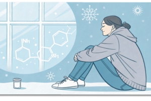 冬になると気分が落ち込む?セロトニン不足と冬季うつの話 27 冬の気分の落ち込みとセロトニンの関係を表す、やさしい医療系イラスト
