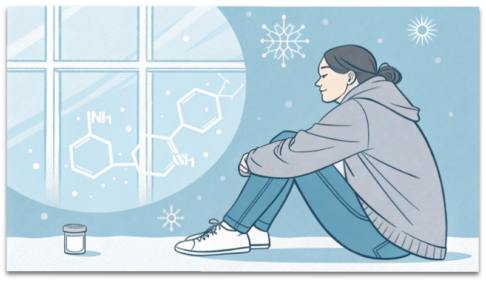 冬の気分の落ち込みとセロトニンの関係を表す、やさしい医療系イラスト