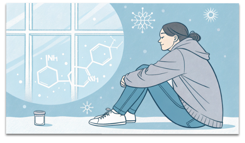 冬になると気分が落ち込む?セロトニン不足と冬季うつの話 1 冬の気分の落ち込みとセロトニンの関係を表す、やさしい医療系イラスト