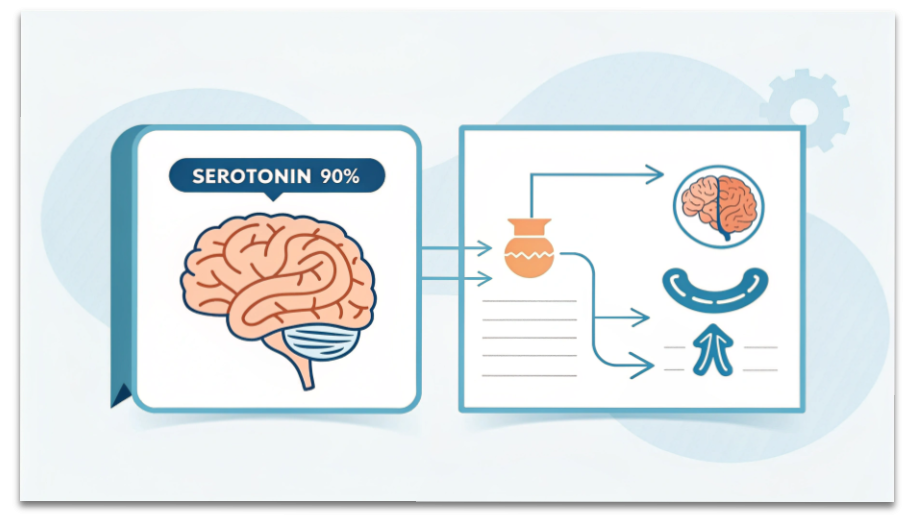 腸がセロトニンの90％をつくり、脳と気分に影響する脳腸相関の図解