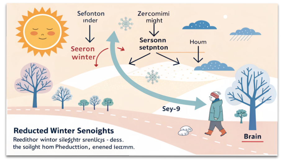 冬の太陽光不足がセロトニンの働きを弱める仕組みの図