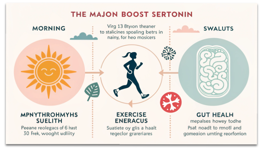 光・リズム運動・腸の健康がセロトニンを高めることを示す図解
