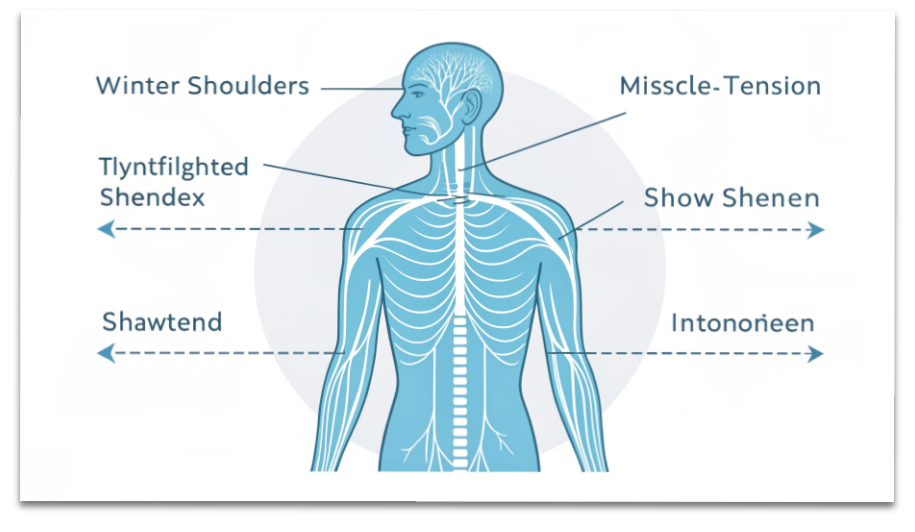 冬の寒さで肩がすくみ、呼吸が浅くなり自律神経が乱れる様子の図解