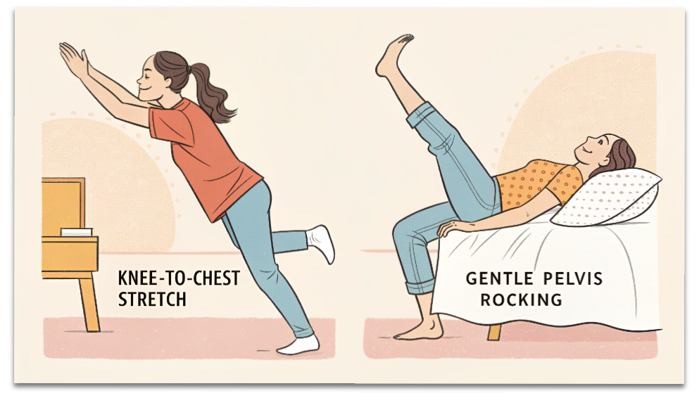 寝たままでできる朝の腰痛対策ストレッチ（膝抱え・骨盤ゆらし）を説明した図