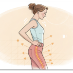 ぽっこりお腹・太もも前のハリ…その悩み、反り腰が原因かもしれません 23 反り腰でぽっこりお腹と太もも前のハリが強調された女性のイラスト(整体・姿勢解説用)