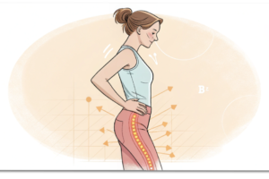 反り腰でぽっこりお腹と太もも前のハリが強調された女性のイラスト（整体・姿勢解説用）