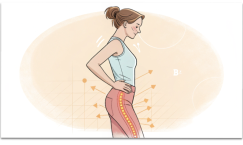 反り腰でぽっこりお腹と太もも前のハリが強調された女性のイラスト（整体・姿勢解説用）