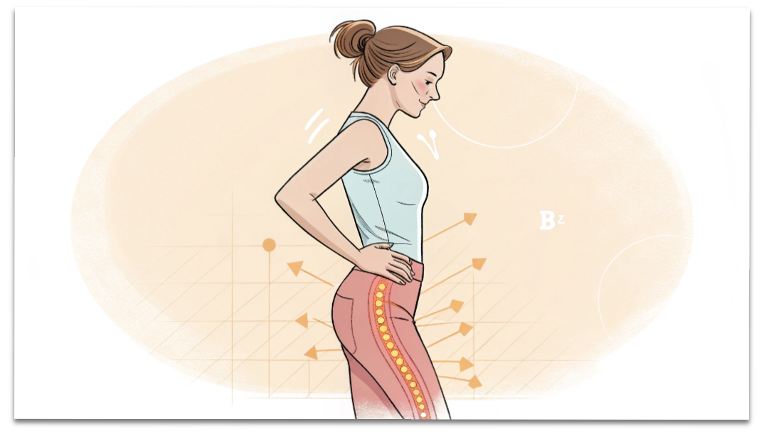 反り腰でぽっこりお腹と太もも前のハリが強調された女性のイラスト（整体・姿勢解説用）