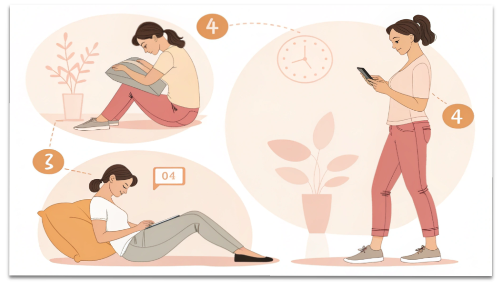 女性向けの柔らかいタッチで描かれた、反り腰を改善する生活習慣（座り方・立ち方・寝方・スマホ姿勢）の図解