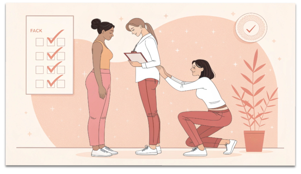 反り腰のセルフチェック方法を示した女性向けの柔らかいタッチの図解（壁立ちチェック・骨盤の傾きチェック・呼吸チェック）