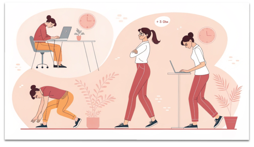 デスクワーク・ヒール歩行・運動不足・ストレスなど、反り腰を引き起こす生活習慣の原因を女性向けに柔らかく描いた図解