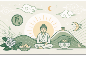 養生をテーマにした、睡眠・食事・運動をイメージした柔らかい印象のイラスト