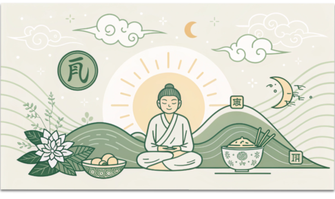 養生をテーマにした、睡眠・食事・運動をイメージした柔らかい印象のイラスト