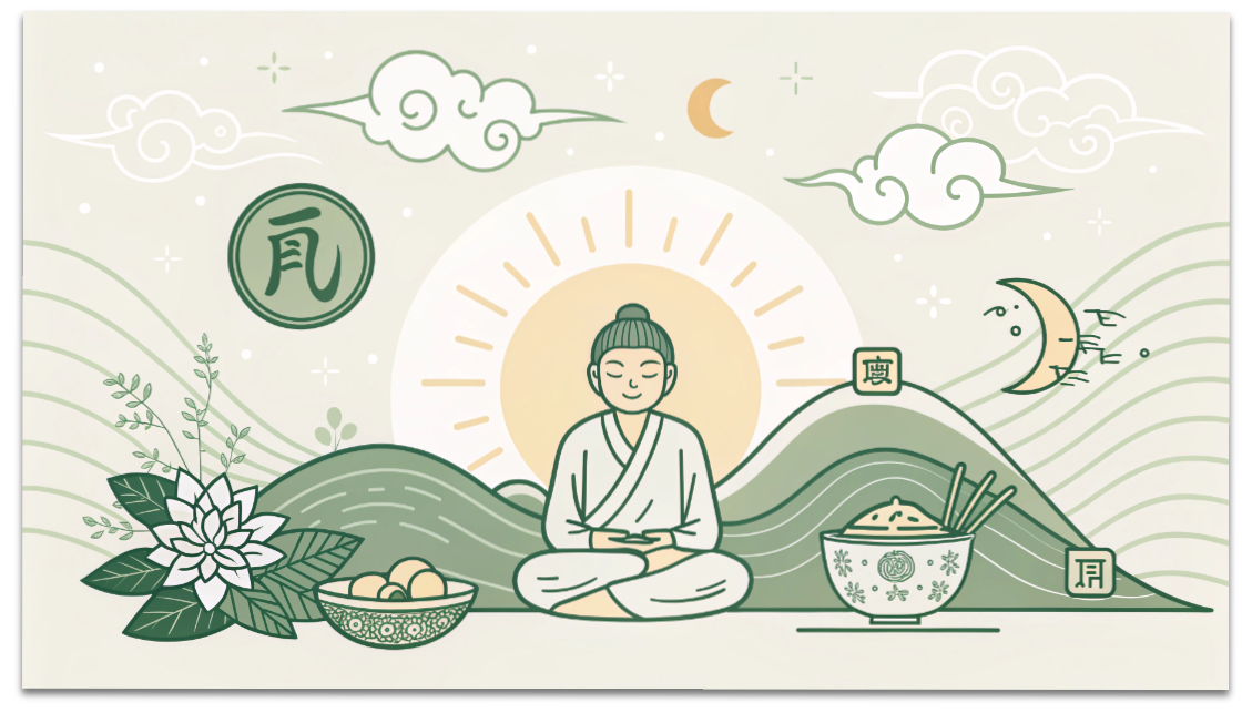 現代人のための養生術|睡眠・食事・運動を整える3つの黄金ルール 1 養生をテーマにした、睡眠・食事・運動をイメージした柔らかい印象のイラスト