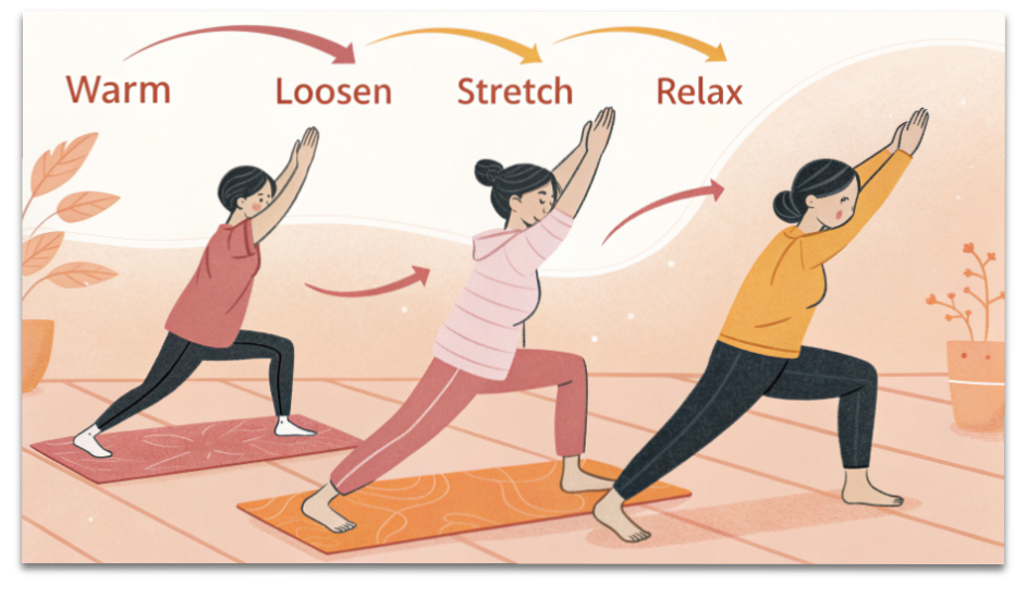 冬はなぜ疲れが抜けない?筋肉のこわばり・睡眠質・自律神経の正しいケア方法 11 肩甲骨・首すじ・腰・ふくらはぎを温めた後にストレッチを行い、こわばりが緩む仕組みを示した図。