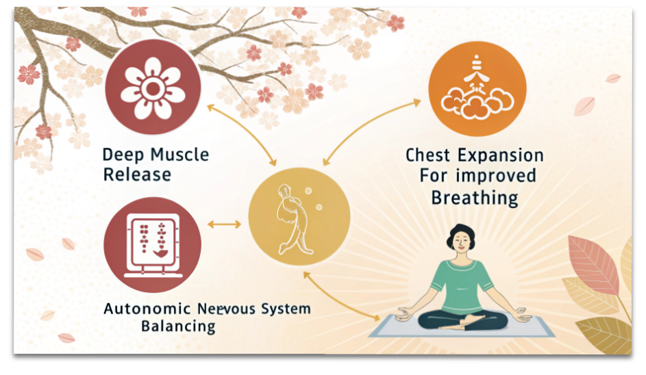 冬はなぜ疲れが抜けない?筋肉のこわばり・睡眠質・自律神経の正しいケア方法 14 整体で改善できる深層筋の緊張・呼吸のしやすさ・自律神経の安定など、冬の疲労回復に役立つポイントをまとめた図。