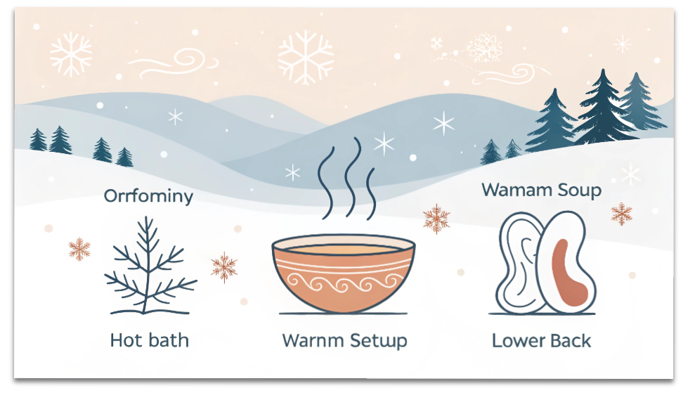 現代人のための養生術|睡眠・食事・運動を整える3つの黄金ルール 20 冬の養生(腎を温める習慣・湯船・温かい食べ物)を表現したイラスト