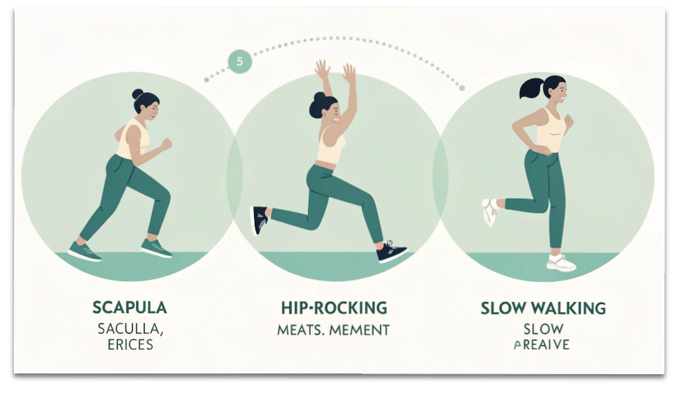 現代人のための養生術|睡眠・食事・運動を整える3つの黄金ルール 16 養生運動(肩甲骨まわし・股関節ゆらぎ・ゆっくり歩く)をまとめた図解