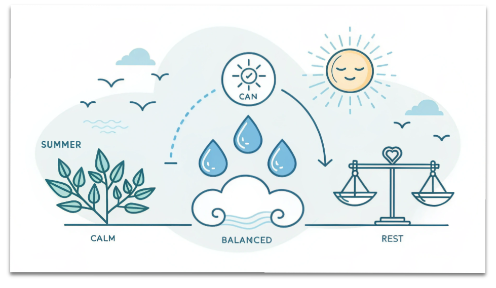 現代人のための養生術|睡眠・食事・運動を整える3つの黄金ルール 18 夏の養生(睡眠・水分・心の安定)をイメージした柔らかいイラスト