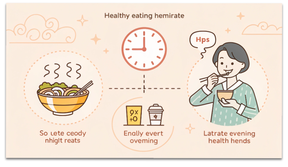 現代人のための養生術|睡眠・食事・運動を整える3つの黄金ルール 15 養生的な食べ方のポイントをまとめた図解(よく噛む・温かい食事・夜遅くの食事を控える)