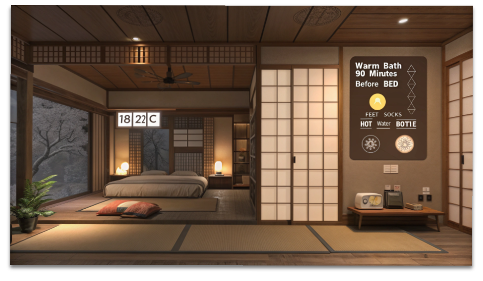 冬はなぜ疲れが抜けない?筋肉のこわばり・睡眠質・自律神経の正しいケア方法 12 寝室温度・入浴タイミング・足元の保温という睡眠の質を上げる3つのポイントを視覚的にまとめた冬の睡眠改善図。