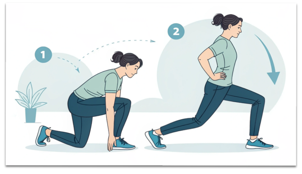 腸腰筋と太もも前のストレッチを示した反り腰改善用イラスト