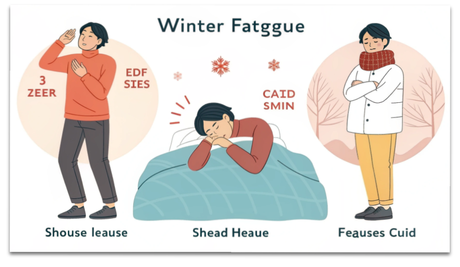 冬はなぜ疲れが抜けない?筋肉のこわばり・睡眠質・自律神経の正しいケア方法 9 冬に疲れが抜けにくくなる3つの原因(筋肉のこわばり、睡眠の質の低下、自律神経の乱れ)をイラストのみで表現した図解。