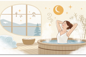 冬はなぜ疲れが抜けない?筋肉のこわばり・睡眠質・自律神経の正しいケア方法 12 冬の疲れが抜けない原因(冷え・筋肉のこわばり・睡眠の質・自律神経)を表現した女性向けのイラスト。温め・ストレッチ・睡眠改善・呼吸法を象徴するデザインのアイキャッチ。