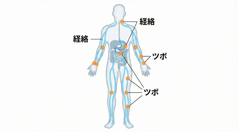 人体の経絡とツボを線と点で表現した東洋医学のイメージ図