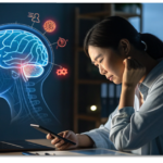 【脳疲労・スマホ首】休んでも疲れが取れないあなたへ。自律神経を整える「脳・体・食・睡眠」の極意 11 スマホを見て首を抑える疲れた日本人女性と、脳のオーバーヒートをイメージしたイラスト