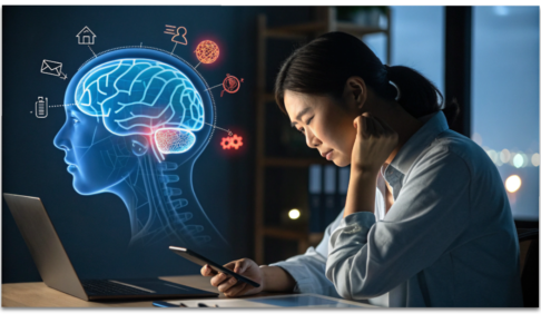 スマホを見て首を抑える疲れた日本人女性と、脳のオーバーヒートをイメージしたイラスト