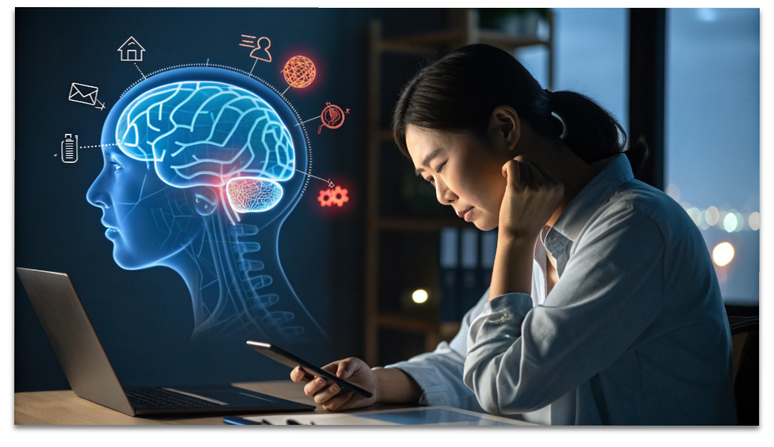 スマホを見て首を抑える疲れた日本人女性と、脳のオーバーヒートをイメージしたイラスト