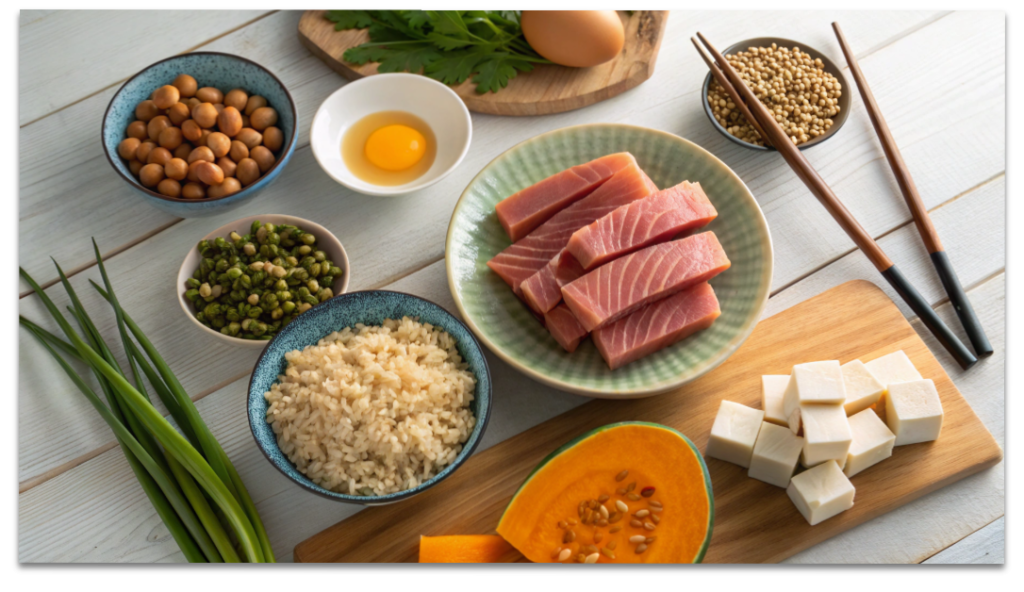 納豆、マグロ、玄米、豆腐、卵など自律神経を整える食材の集合写真