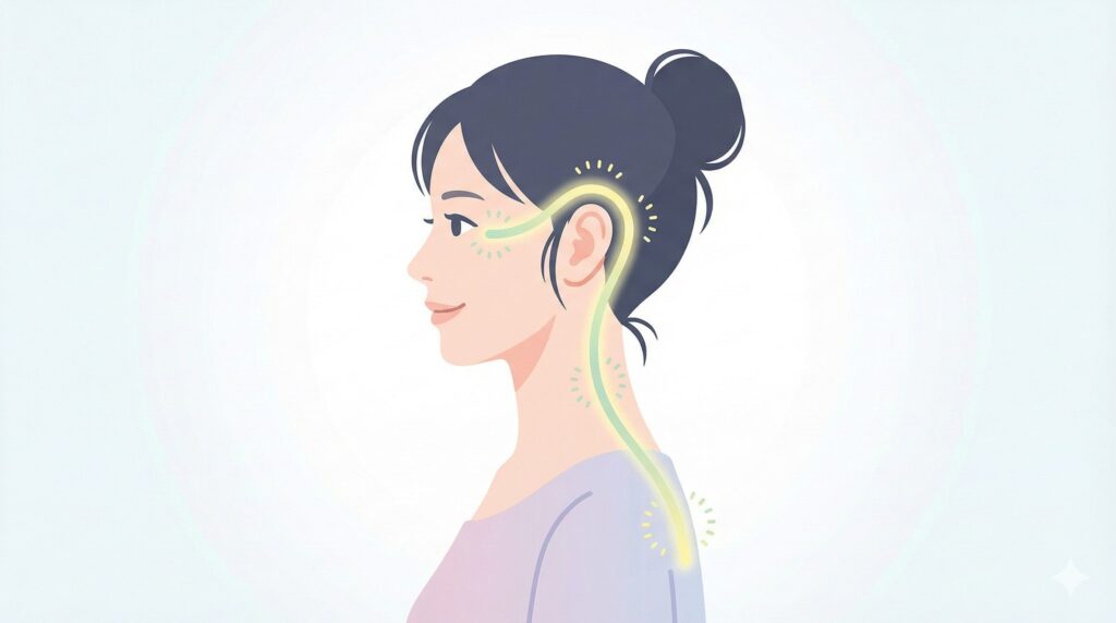 女性の横顔のイラスト図解。目尻から耳の周りを通り、首の側面から肩甲骨へと流れる胆経（たんけい）の経絡ルートと主要なツボが光るラインで示されている。