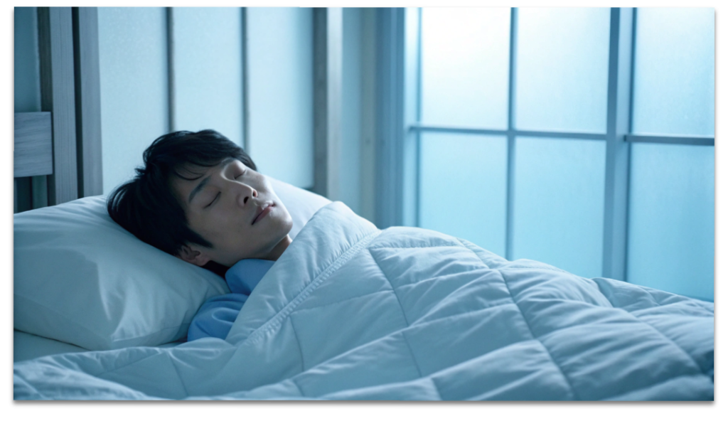 涼しい寝室で深く眠る日本人と、頭寒足熱のイメージ