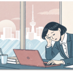 八王子で正月明けの不調解消!整体と「腸マッサージ」で胃腸を整える 15 八王子のオフィスで正月明けの仕事始めに疲れを感じている女性を描いたイラスト