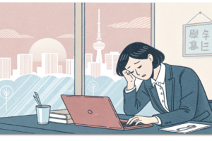 八王子のオフィスで正月明けの仕事始めに疲れを感じている女性を描いたイラスト