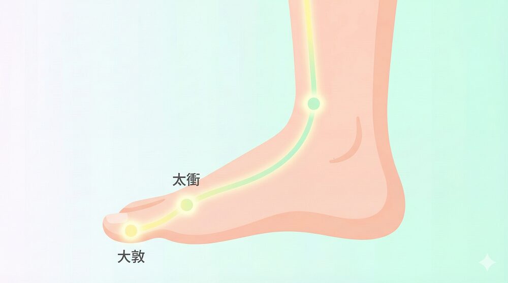 足の甲にある肝経（かんけい）の経絡ルートと、大敦（だいとん）・太衝（たいしょう）のツボの位置を示したイラスト図解。