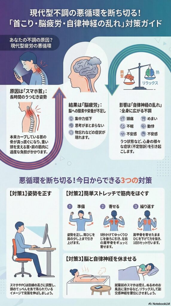 現代型不調（首こり・脳疲労・自律神経の乱れ）の原因と悪循環の図解。スマホ首対策、肩甲骨ストレッチ、脳を休ませる方法の3つの解決策まとめ。