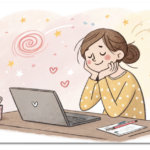 PC作業で目が疲れる…。眼精疲労からくる首の痛みをスッキリ解消! 12 PC作業で目が疲れて首が痛い女性の可愛らしいパステル調イラスト。優しい経絡整体でスッキリ解消するイメージ。