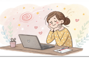 PC作業で目が疲れて首が痛い女性の可愛らしいパステル調イラスト。優しい経絡整体でスッキリ解消するイメージ。