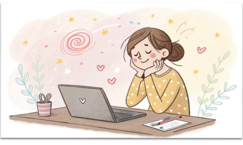 PC作業で目が疲れて首が痛い女性の可愛らしいパステル調イラスト。優しい経絡整体でスッキリ解消するイメージ。