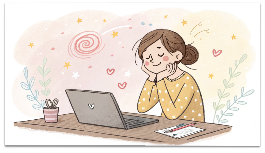 PC作業で目が疲れて首が痛い女性の可愛らしいパステル調イラスト。優しい経絡整体でスッキリ解消するイメージ。