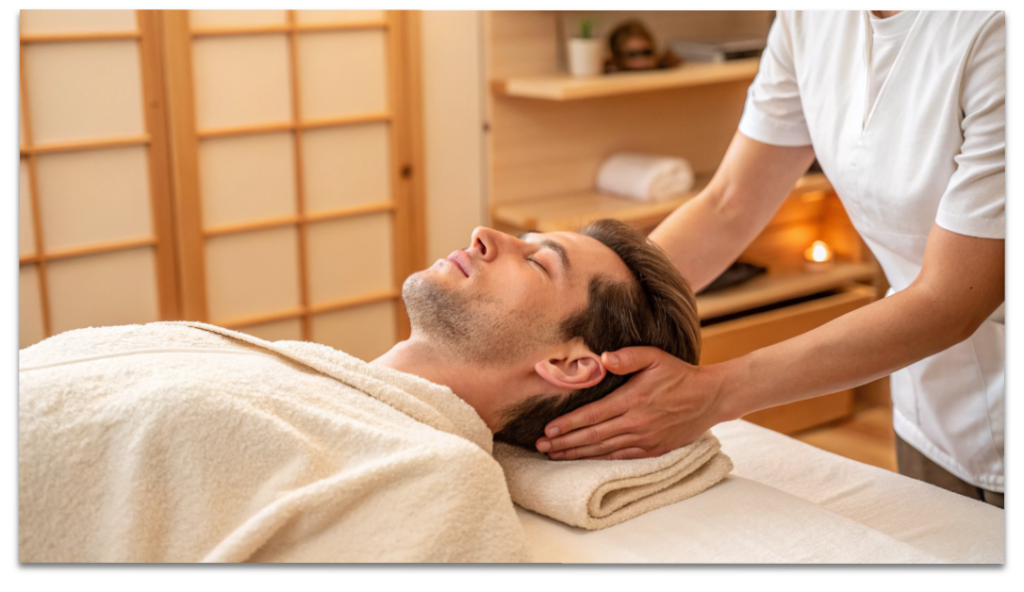 清潔感のある整体院で、リラックスして施術を受ける患者と優しそうな施術者の手元