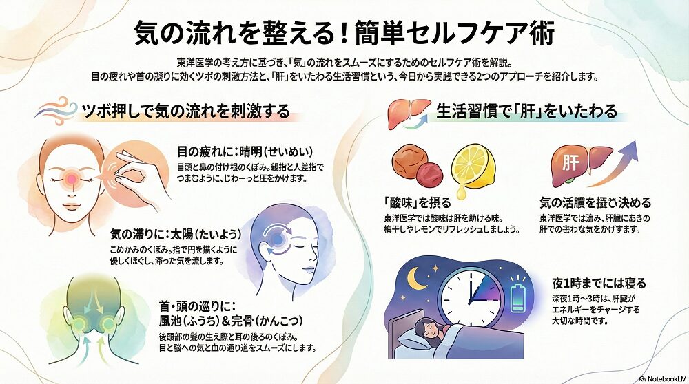 眼精疲労や気の滞りを解消するために、こめかみ（太陽）などのツボを優しく押してセルフケアを行っている女性の様子。
