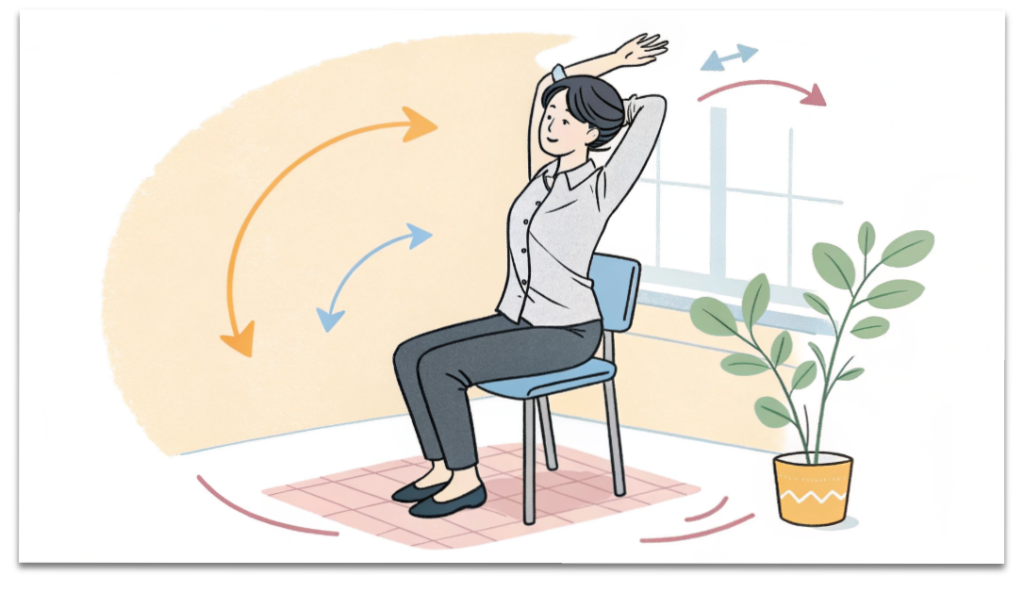 椅子に座って肩甲骨を回すストレッチをする日本人女性のイラスト